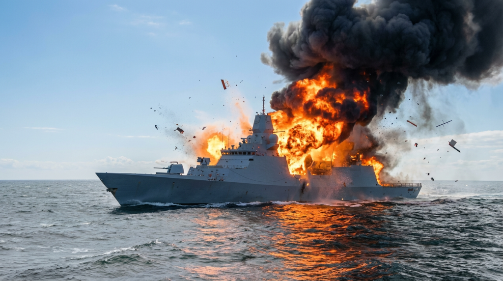 Naval warship damaged by explosion at sea illustrating modern asymmetric naval warfare threats